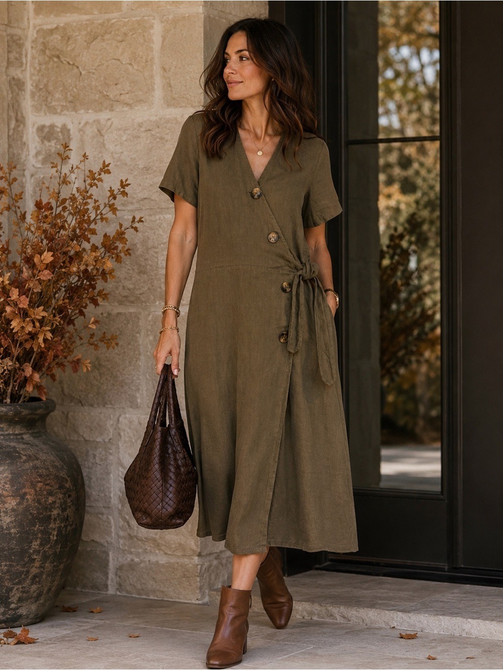 Alessia Pacini Italian Linen Blend Wrap Midi Dress Olive Green Size M